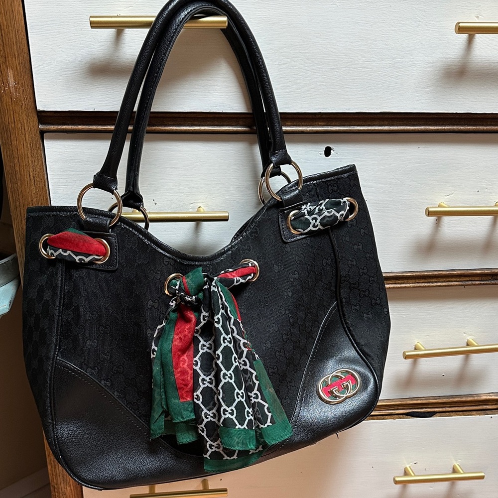 Black Designer Tote Bag with Scarf Accent